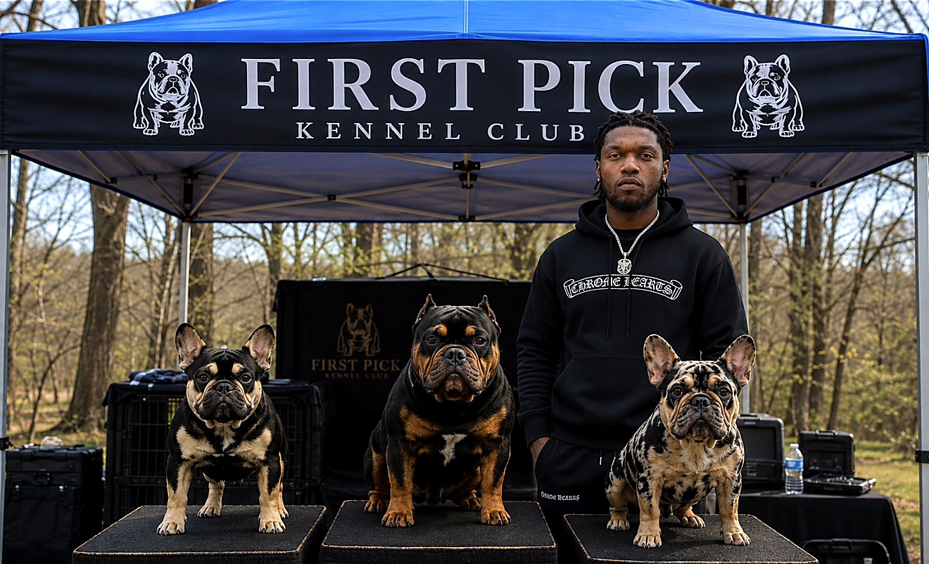 First Pick Kennel Club breeder with three dogs under the kennel canopy